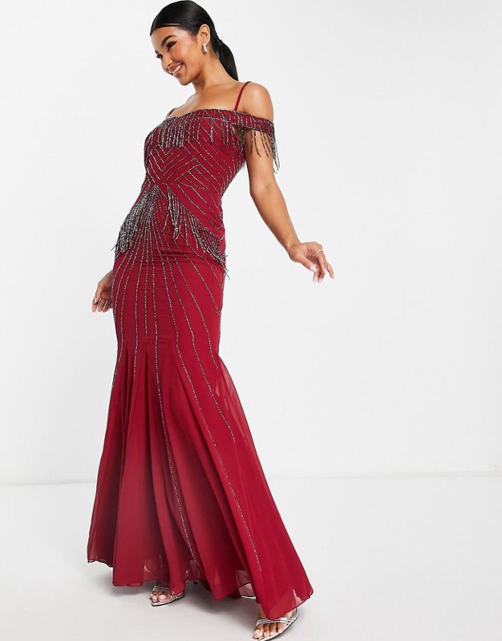 Goddiva Embroidered Bardot Maxi Dress In Wine