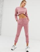 Asos Design Tracksuit Cropped Sweat With Raw Edge / Slim Jogger With Tie - Brown