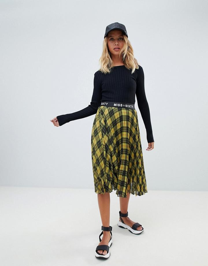 Miss Sixty Check Midi Pleated Skirt With Logo Waistband - Yellow