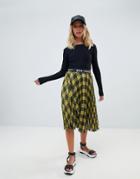 Miss Sixty Check Midi Pleated Skirt With Logo Waistband - Yellow
