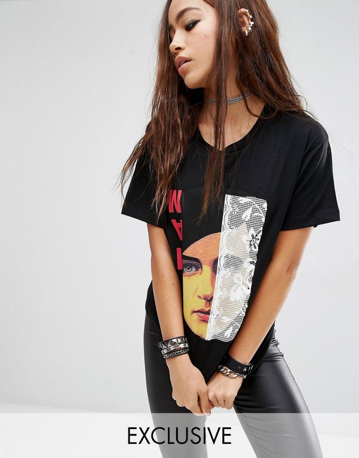 Criminal Damage X Manta Oversized Boyfriend T-shirt With Face Graphic - Black