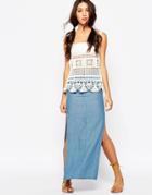 Daisy Street Maxi Skirt With Splits In Chambray Denim - Mid Wash Blue