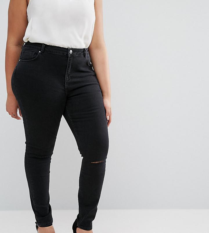Asos Curve Lisbon Skinny Mid Rise Jeans With Two Displaced Ripped Knees In Washed Black - Black