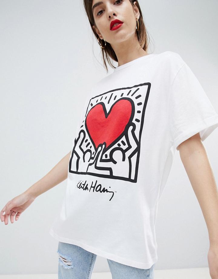Stradivarius Keith Haring Holding Heart Tee - White