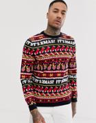 Asos Design Holidays Sweater With All Over Festive Design In Navy-multi