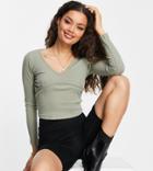 Asos Design Petite Top With Plunge Neck And Bust Seam In Rib In Olive-green