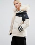 Adidas Originals Block Padded Jacket With Faux Fur Trim - Cream