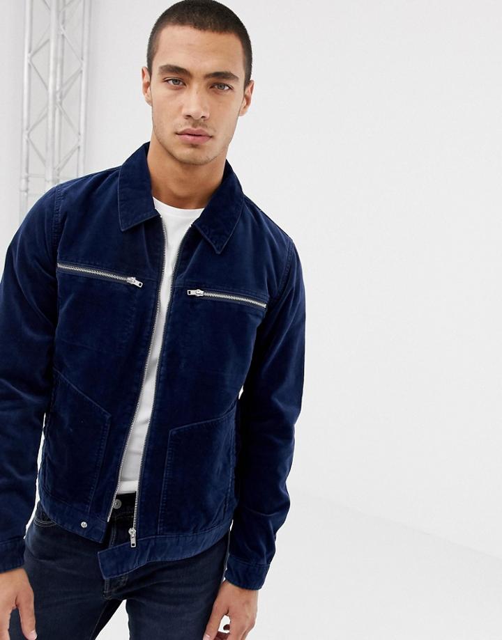Asos Design Zip Through Cord Jacket In Navy