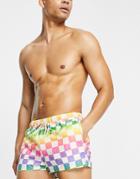 Asos Design Swim Shorts In Checkerboard Print In Super Short Length-multi