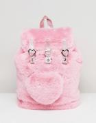 Lazy Oaf Pink Faux Fur Heart Detail Backpack - Pink