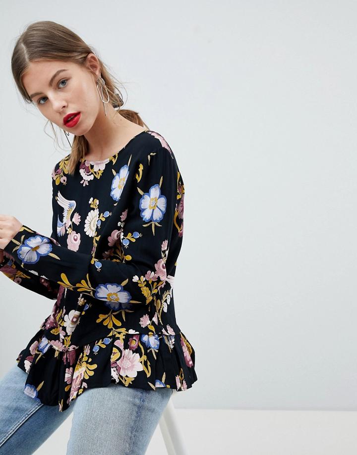 Vila Floral Peplum Blouse - Navy