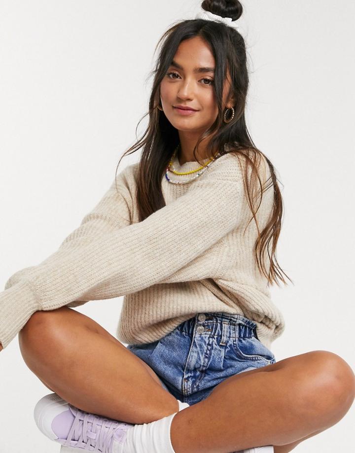 Asos Design Crew Neck Fluffy Sweater With Balloon Sleeve-white