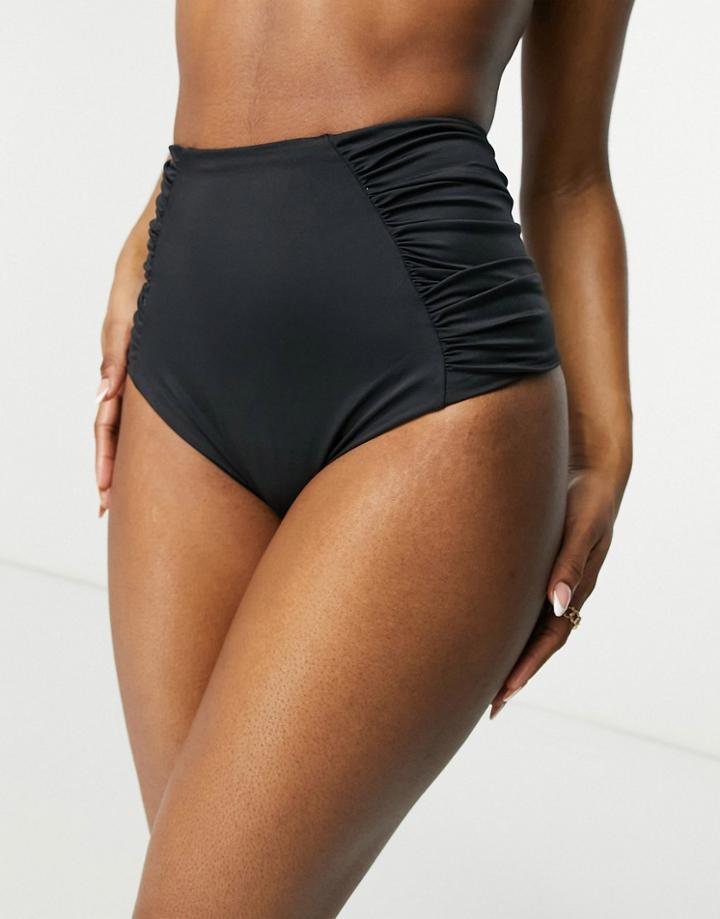 Asos Design Mix And Match Ruched Panel High Waist Bikini Bottom In Black