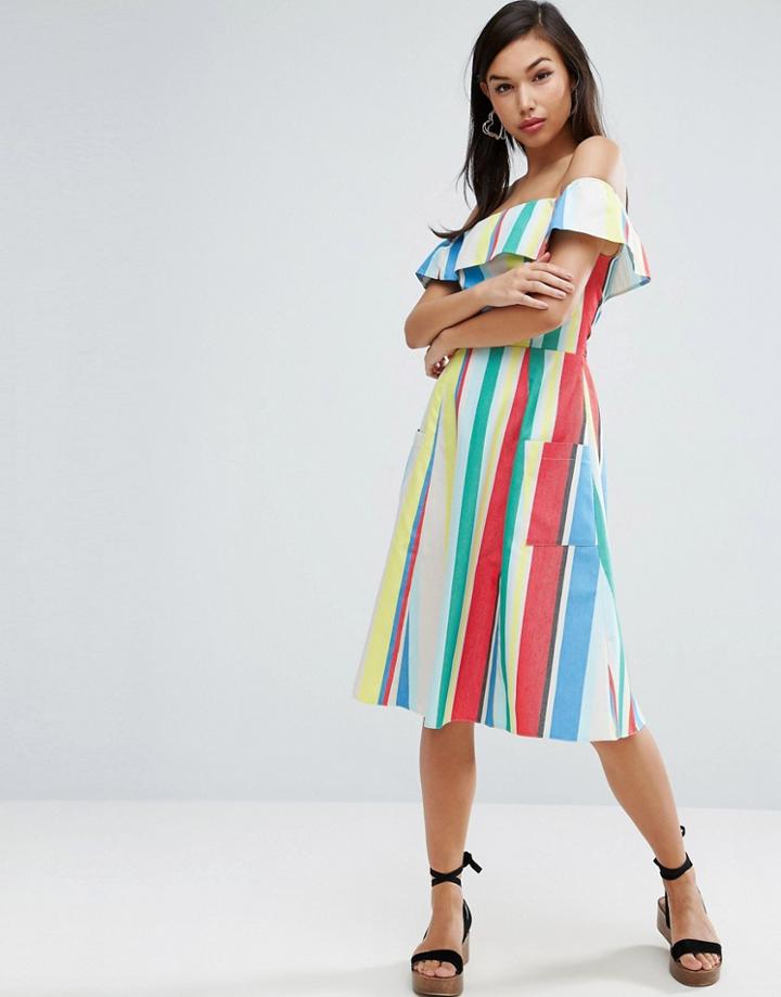 Asos Off Shoulder Midi Sundress In Natural Fibre - Multi