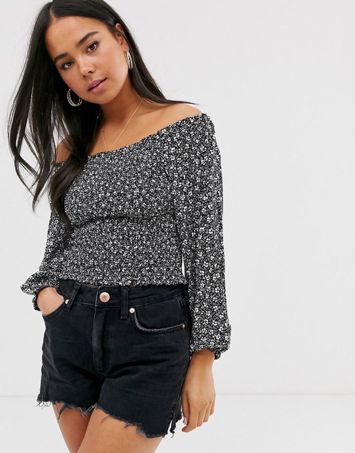 New Look Shirred Bardot Top In Daisy Print-black