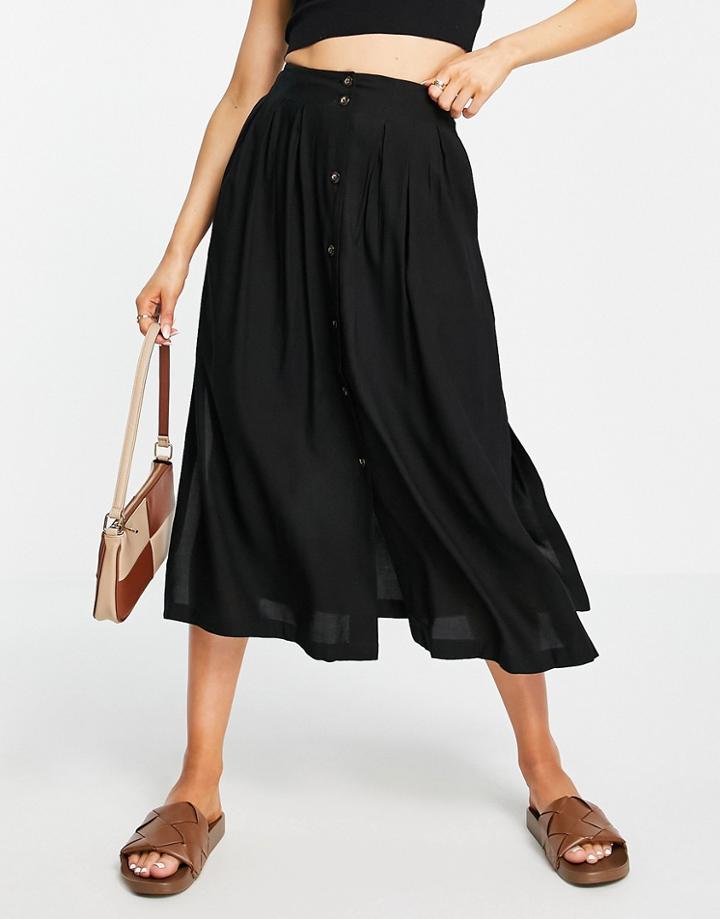 Asos Design Button Through Midi Skirt With Deep Pocket Detail In Black