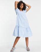Qed London Square Neck Midi Smock Dress In Blue Gingham-blues
