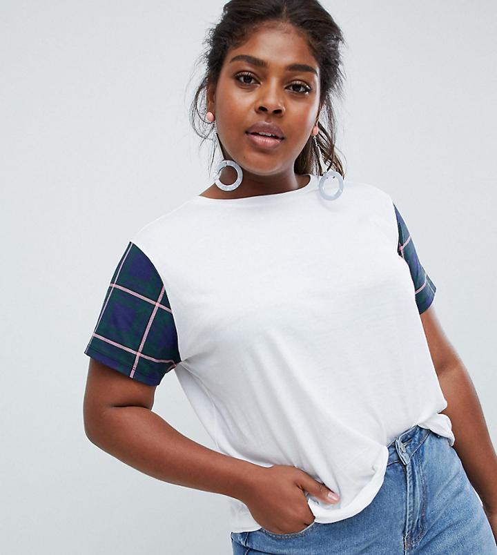 Asos Design Curve T-shirt With Contrast Check Print Sleeve - Multi