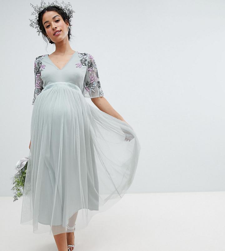 Maya Maternity Embellished Tulle Sleeve Midi Tulle Dress-green