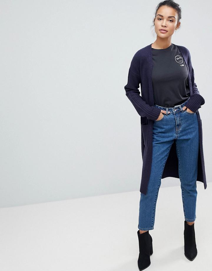 Fashion Union Longline Cardigan With Rib Knit Sleeves - Navy