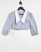 Glamorous Crop Shirt With Volume Sleeves And Bib Collar In Poplin-blues