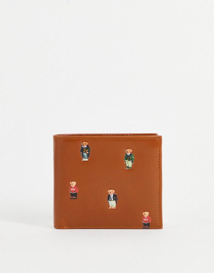 Polo Ralph Lauren Leather Bifold Wallet In Tan With All Over Bear Logo-neutral