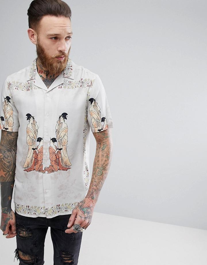 Asos Oversized Viscose Shirt With Oriental Print - Pink