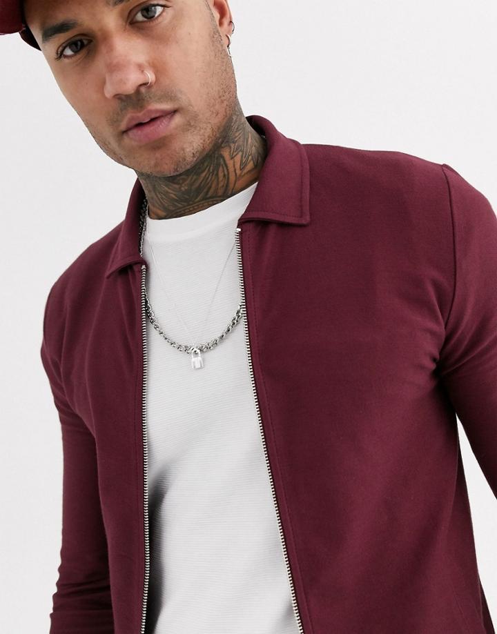 Asos Design Jersey Muscle Harrington Jacket In Burgundy Reverse Loopback-red
