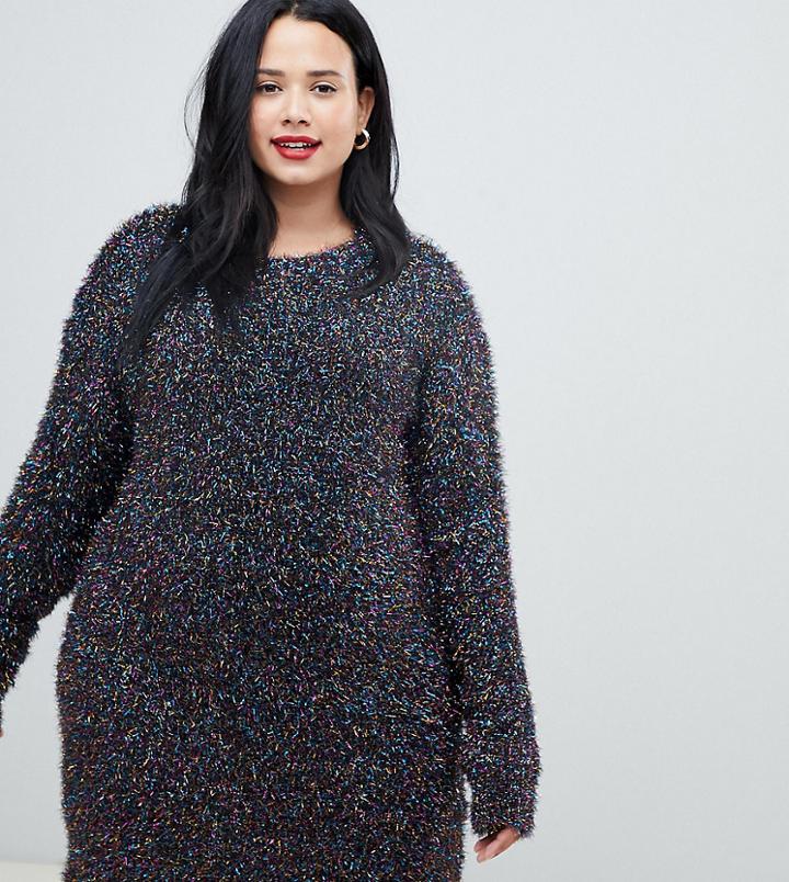 Brave Soul Plus Sweater Dress In Rainbow Tinsel-black