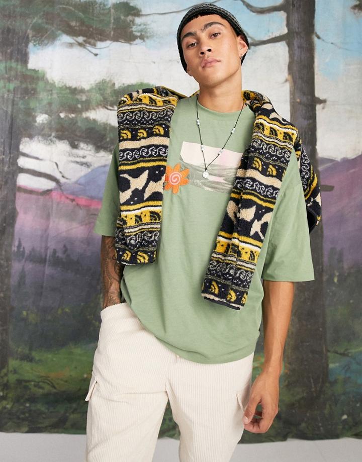 Asos Design Oversized T-shirt In Green With Photographic Print And Embroidery