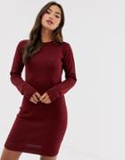 Brave Soul Grungy Round Neck Sweater Dress-red