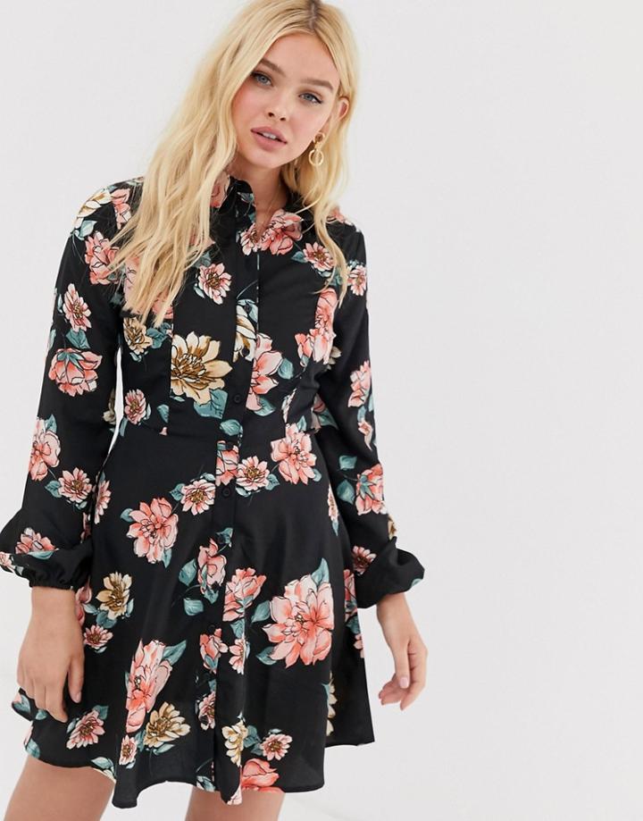 Influence Floral Skater Shirt Dress-black