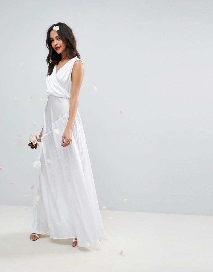 Asos Edition Deep Plunge Soft Wedding Maxi Dress With Ruching Detail-white