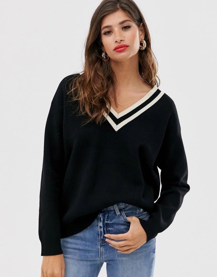 Mango V Neck Cricket Sweater In Black