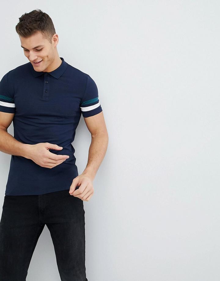 Asos Design Muscle Rugby Polo Shirt With Cut And Sew Sleeve - Navy