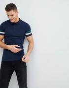 Asos Design Muscle Rugby Polo Shirt With Cut And Sew Sleeve - Navy
