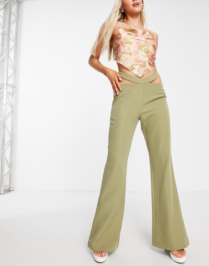 Rare London Tailored Pants With Cut Out Detail In Olive - Part Of A Set-green