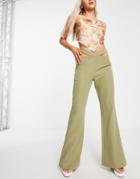 Rare London Tailored Pants With Cut Out Detail In Olive - Part Of A Set-green