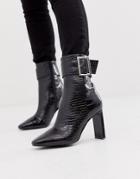 Asos Design Entourage Buckle High Ankle Boots In Black Croc - Black