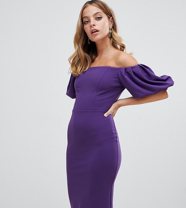 John Zack Petite Bardot Midi Dress With Exaggerated Sleeve In Purple - Purple