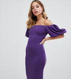 John Zack Petite Bardot Midi Dress With Exaggerated Sleeve In Purple - Purple