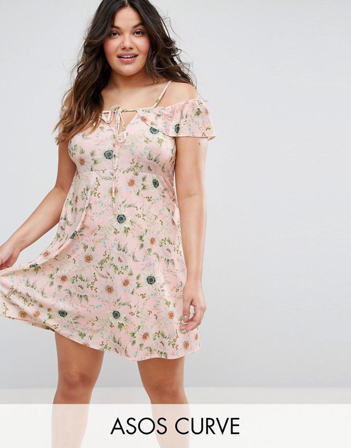 Asos Curve Cold Shoulder Sundress With Frill Detail In Floral Print - Multi