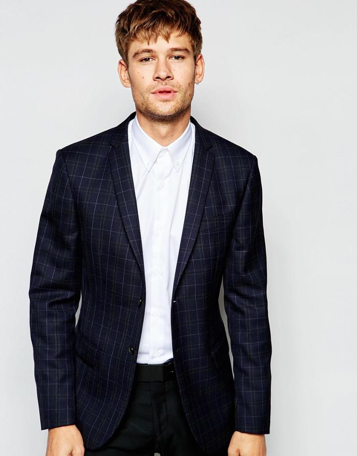 Number Eight Savile Row Plaid Blazer In Skinny Fit - Navy