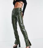 Asos Design Tall Low Rise Leather Look Straight Leg Pant In Green Snake