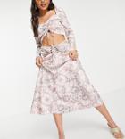 Reclaimed Vintage Inspired Couture Satin Midi Skirt Set In Pink Floral Print With Lace Inserts And Ruched Detail