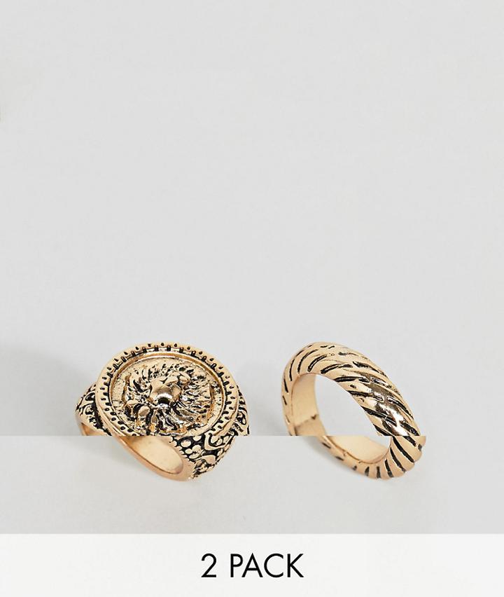 Asos Design Pack Of 2 Twist And Lion Sovereign Rings - Gold