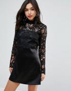 Asos Lace Bodice Long Sleeve Satin Mini Dress - Black