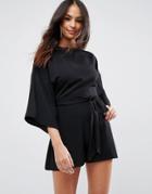 Asos Romper With Kimono Sleeve & Self Tie Belt In Crepe - Black