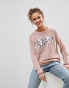 Brave Soul Holidays Sweater With Frosty Sequin Slogan - Pink