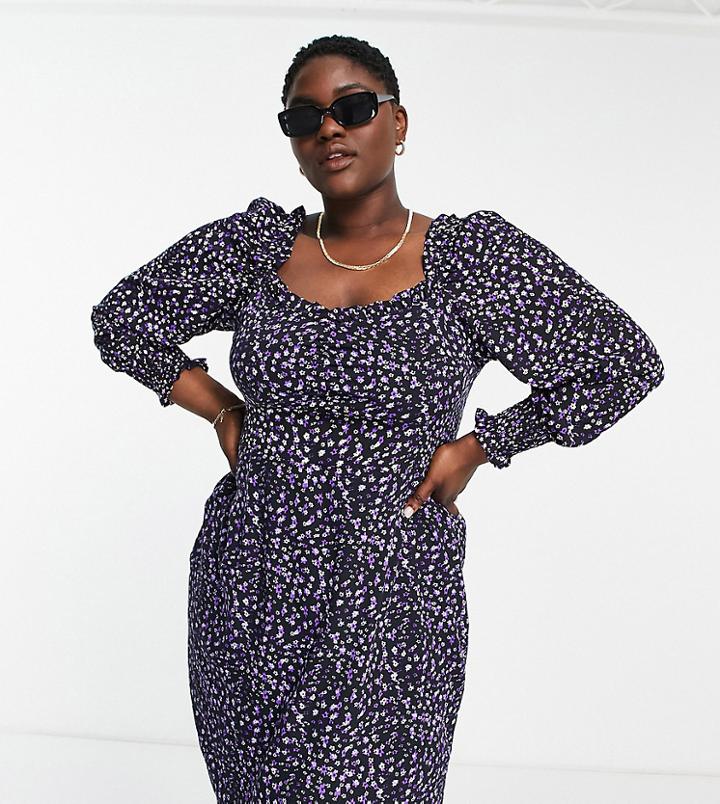 New Look Curve Square Neck Mini Dress In Black Floral